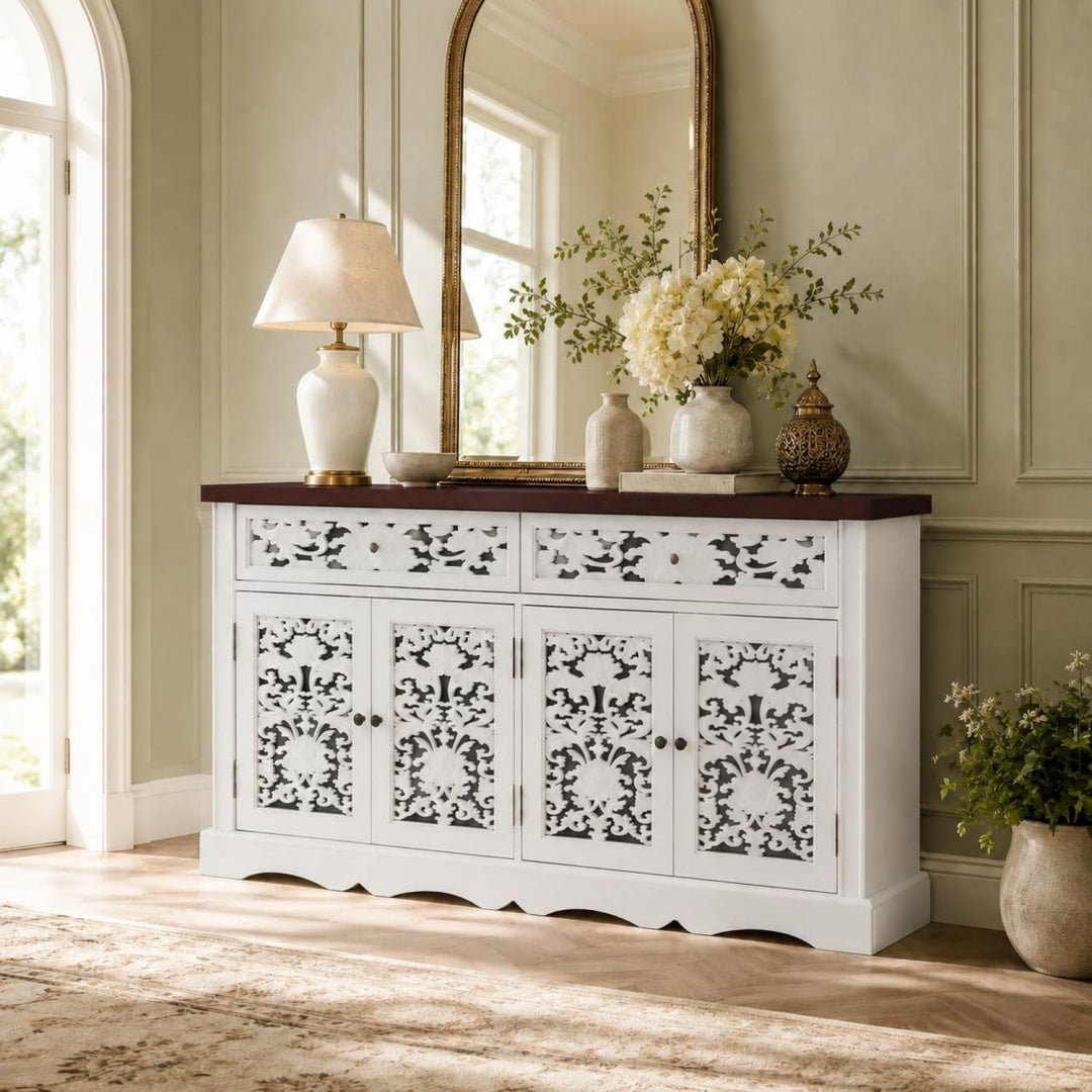 Das Sideboard nimmt mit 158 x 40 x 80 cm Gestalt an