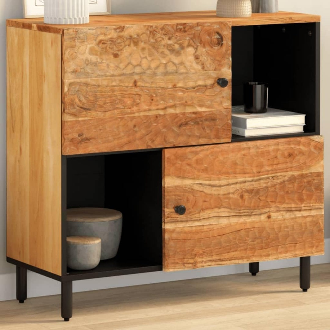 Die Gestaltung von dem Sideboard wird durch Metall und Akazienholz gepraegt