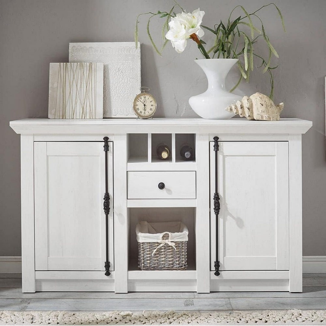 Sideboard aus Samt und Holzwerkstoff mit offenen Ablagen